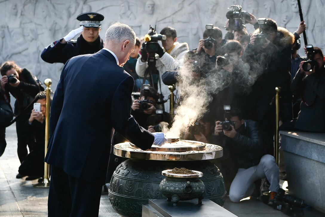 Defense Secretary Jim Mattis participates in a ceremony at Seoul National Cemetery during a visit to Seoul, South Korea, Feb. 3, 2017. DoD photo by Army Sgt. Amber I. Smith