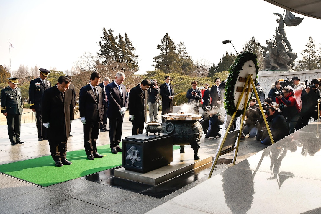Defense Secretary Jim Mattis participates in a wreath-laying ceremony with South Korean Defense Minister Han Min-koo, at Seoul National Cemetery during a visit to Seoul, South Korea, Feb. 3, 2017. DoD photo by Army Sgt. Amber I. Smith