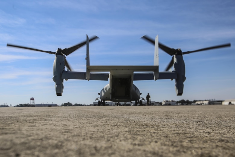 MARINE CORPS AIR STATION NEW RIVER, N.C.—Marine Medium Tiltrotor Training Squadron 204 receives a new MV-22B Block C Osprey aboard MCAS New River, N.C., Feb. 1, 2017. This is the first time the training squadron has received a brand-new, straight from the factory aircraft. The MV-22B Block C incorporates weather radar; an improved environmental control system; troop commander situational awareness display; upgraded standby flight instrument and GPS; and additional chaff/flare equipment. Block C development first began in 2006. (U.S. Marine Corps photo by Lance Cpl. Miranda Faughn/Released)