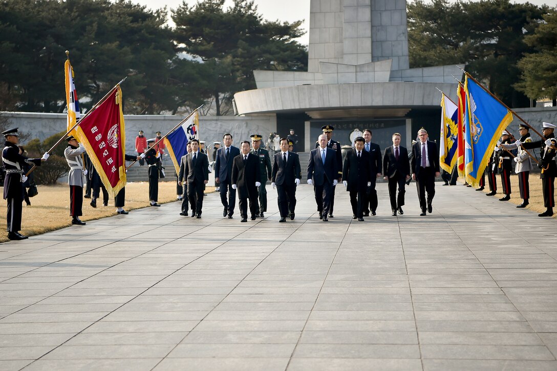 Defense Secretary Jim Mattis, center right, and South Korean Defense Minister Han Min-koo, arrive at Seoul National Cemetery before participating in a wreath-laying ceremony during a visit to Seoul, South Korea, Feb. 3, 2017. DoD photo by Army Sgt. Amber I. Smith