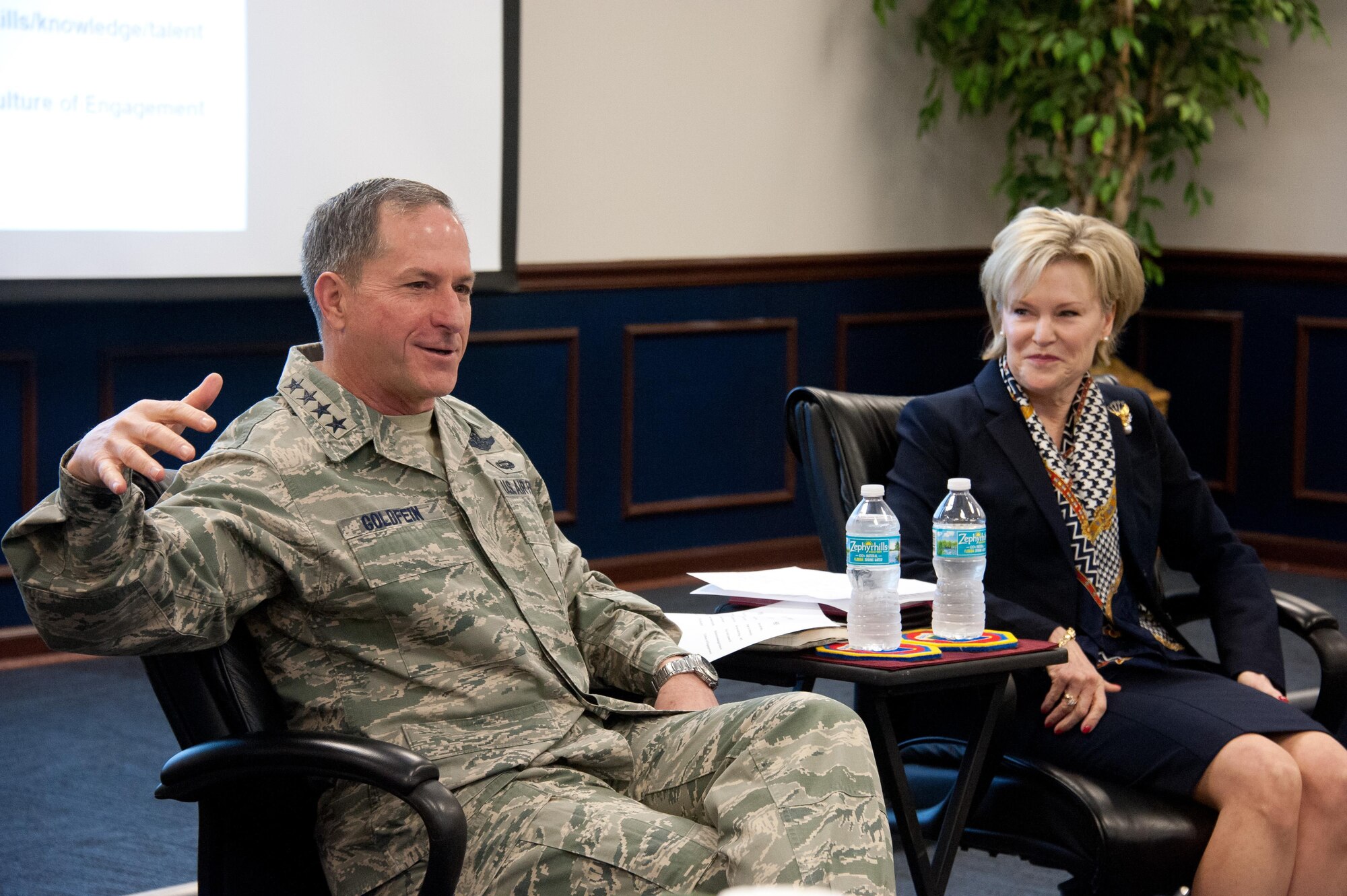 Air Force Chief of Staff Gen. David L. Goldfein addresses the Wing Commanders and Spouses courses as well as the Group Commander courses at the Eaker Center for Professional Development, Feb. 2, 2017. The Goldfeins spoke about the challenges and opportunities military leaders and their families. (US Air Force photo by Melanie Rodgers Cox)