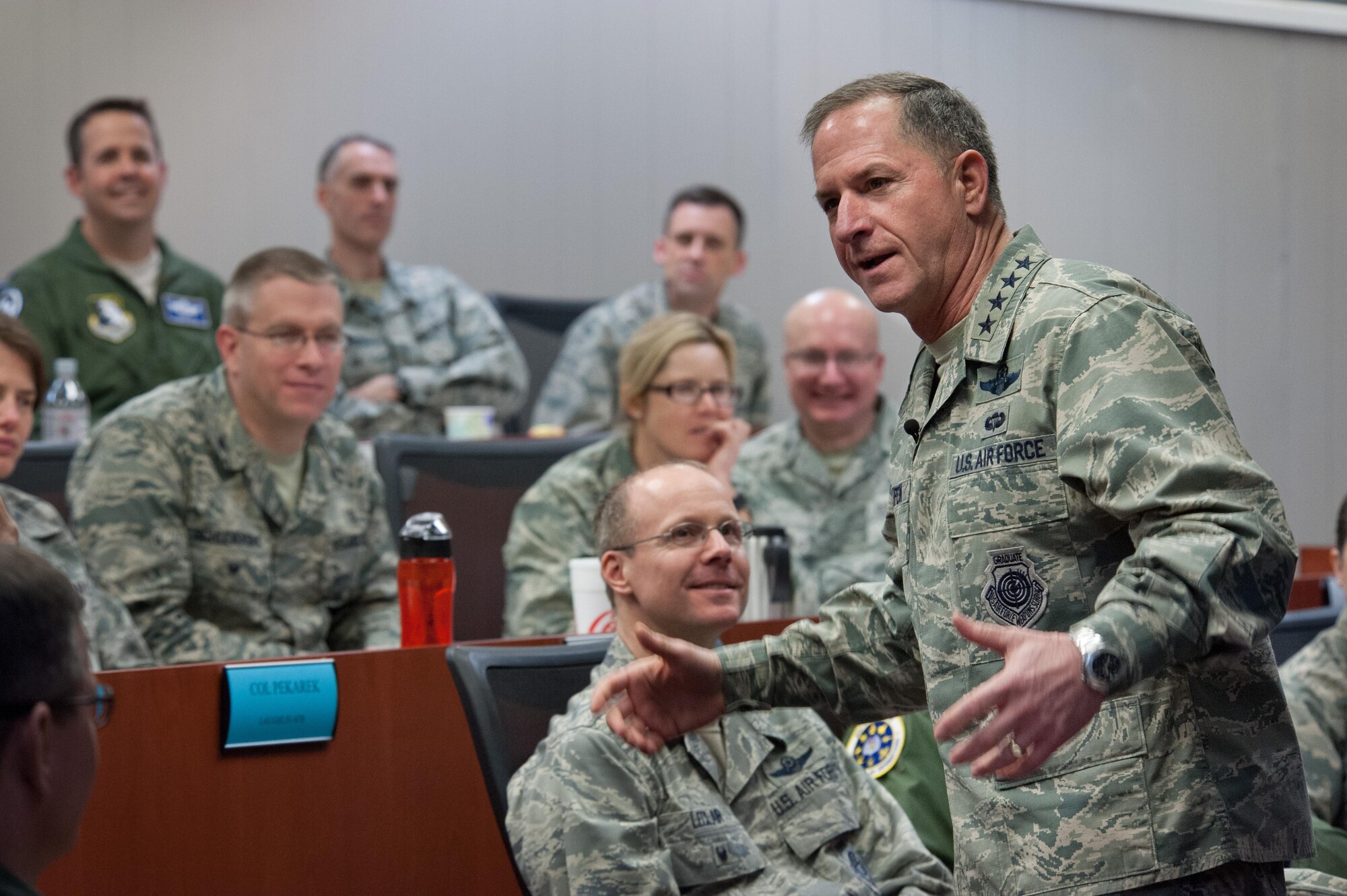 Air Force Chief of Staff Gen. David L. Goldfein addresses the Wing Commanders and Spouses courses as well as the Group Commander courses at the Eaker Center for Professional Development, Feb. 2, 2017.  Along with his mentorship opportunity with Eaker Center students, Goldfein met with Air University and Air Force Cyber College leaders. (US Air Force photo by Melanie Rodgers Cox)