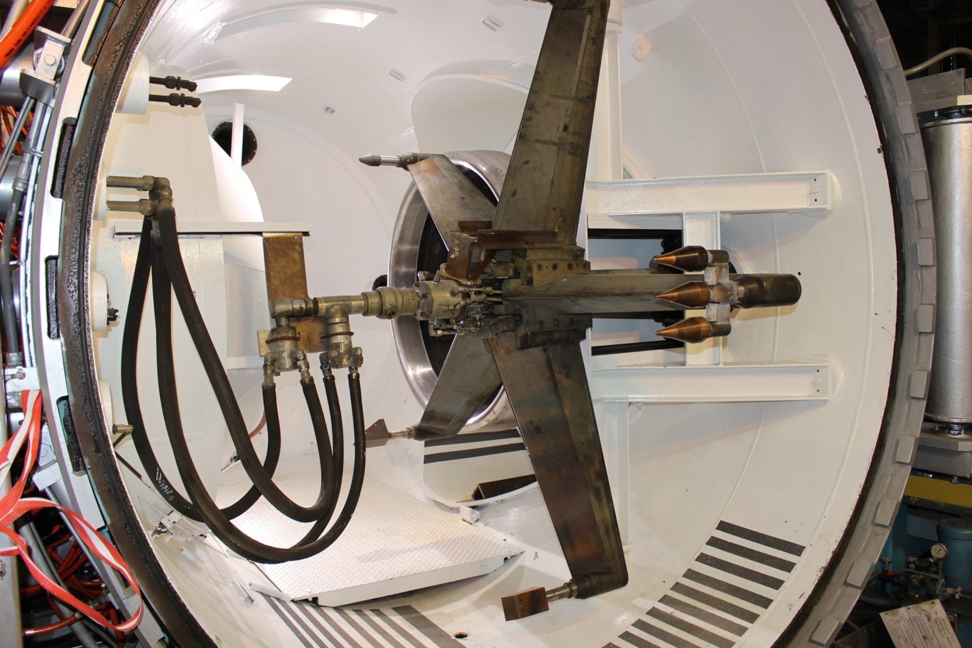 The H2 Arc Heater at AEDC has recently been upgraded, and checkouts are being performed to ensure the modifications were successful. Pictured is the model positioning system in the clean test cell of the H2 Arc Heater after the upgrades. (AEDC photo) 