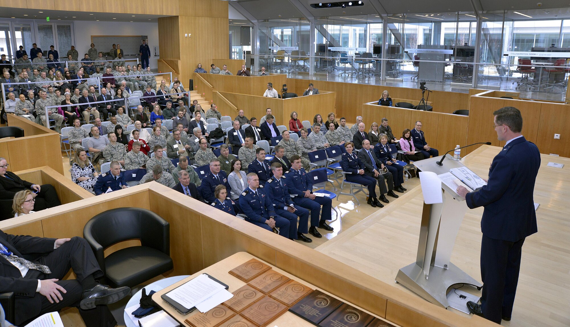 Brig. Gen. Andrew Armacost, the dean of the faculty, speaks from the stage of Polaris Hall Jan. 26, 2017, at the 21st Annual Air Force Academy Research Awards ceremony.  (U.S. Air Force photo/Jason Gutierrez)