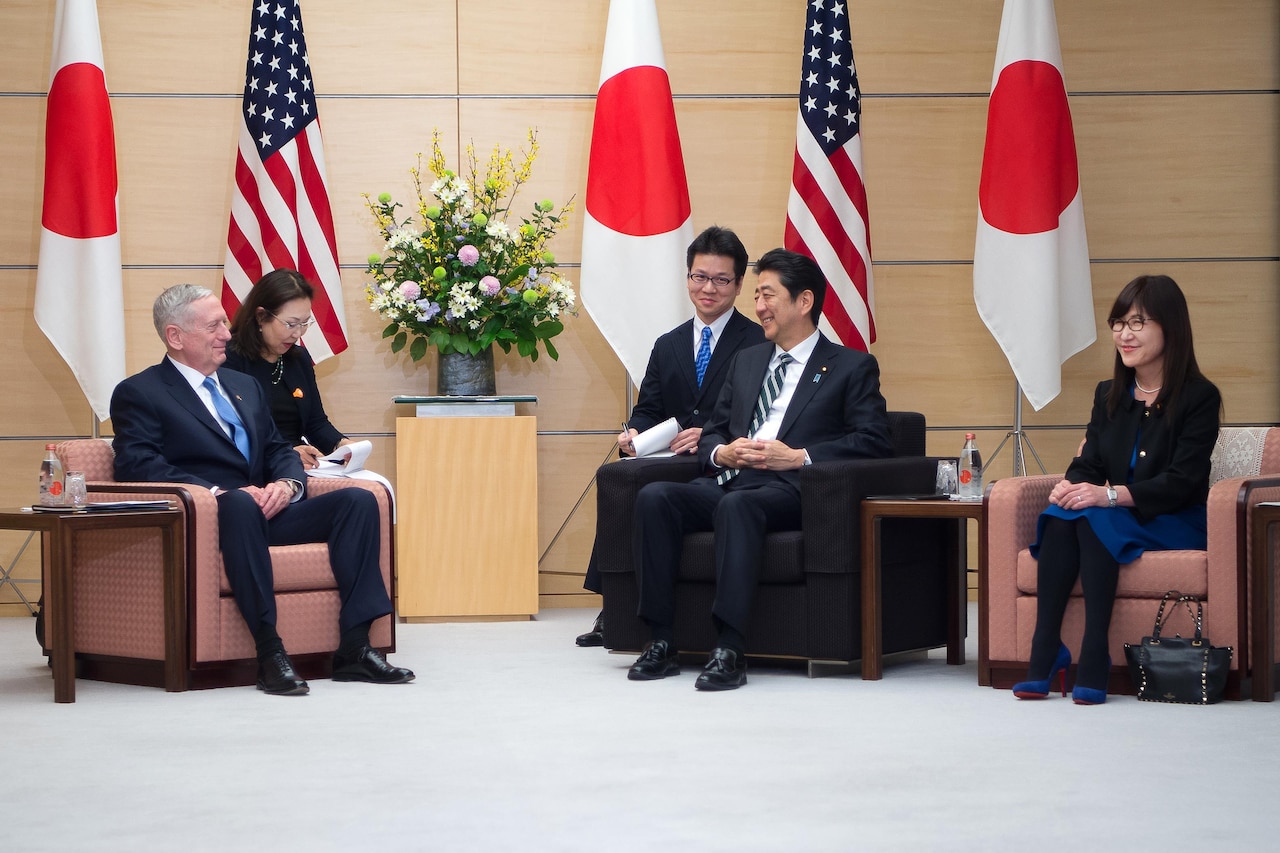 Defense Secretary Jim Mattis, left, speaks with Japanese Prime Minister Shinzo Abe, second from right, and Japanese Defense Minister Tomomi Inada, right, in Tokyo, Feb. 3, 2017. DoD photo by Army Sgt. Amber I. Smith