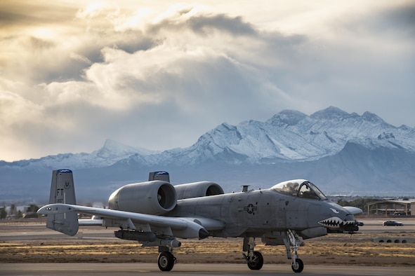 An A-10C Thunderbolt II from the 74th Fighter Squadron taxis down the runway during Green Flag-West 17-03 Jan. 23, 2017, at Nellis Air Force Base, Nev. The 74th FS brought 12 A-10s to GFW in support of a joint, large-force, combat-readiness exercise for close air support integration training. (U.S. Air Force photo/Staff Sgt. Ryan Callaghan)
