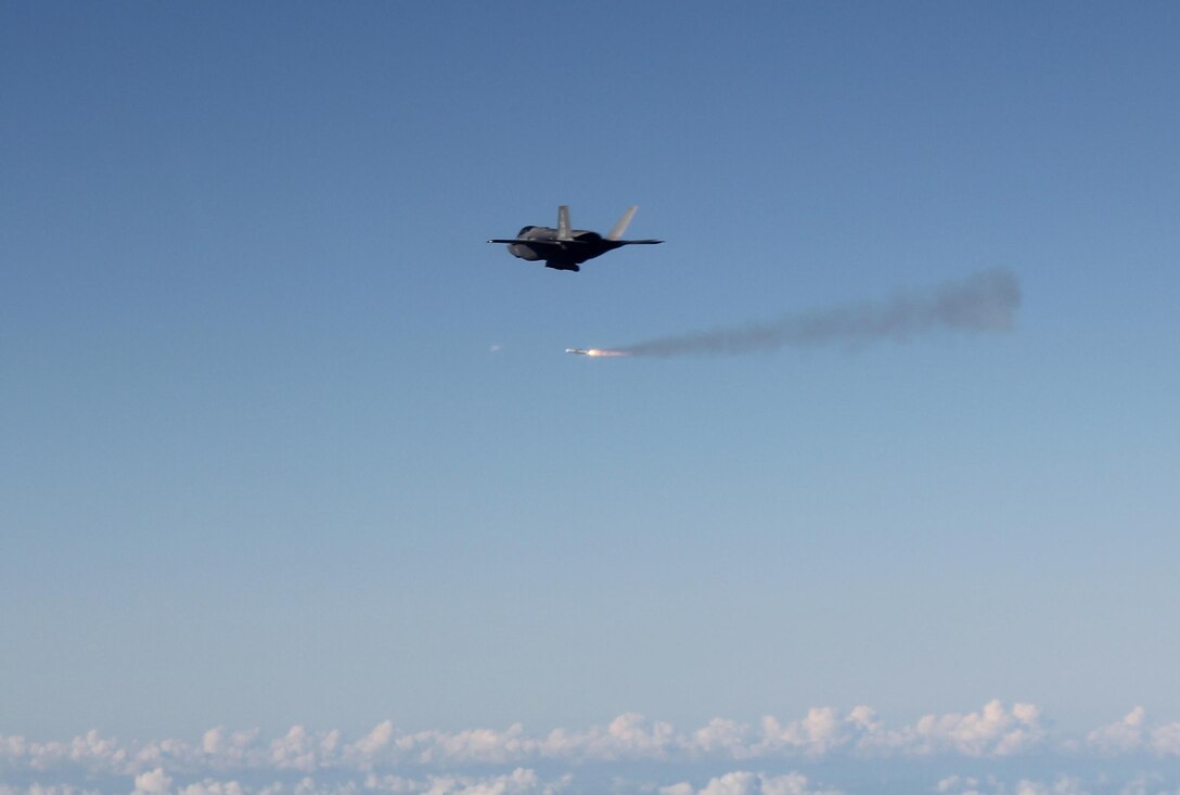 An F-35A assigned to the 33rd Fighter Wing fires an AIM-120 January 31, 2017, over in Air Force range space over the Gulf of Mexico. The 33 FW loaded and shot the first air-to-air missiles from an F-35A during a weapons system evaluation that took place at Tyndall Air Force Base later the same day. Carrying air-to-air missiles makes the F-35 a more versatile option for combatant commanders by securing the aircrafts survivability, in turn increasing likeliness of mission success. (Courtesy photo)