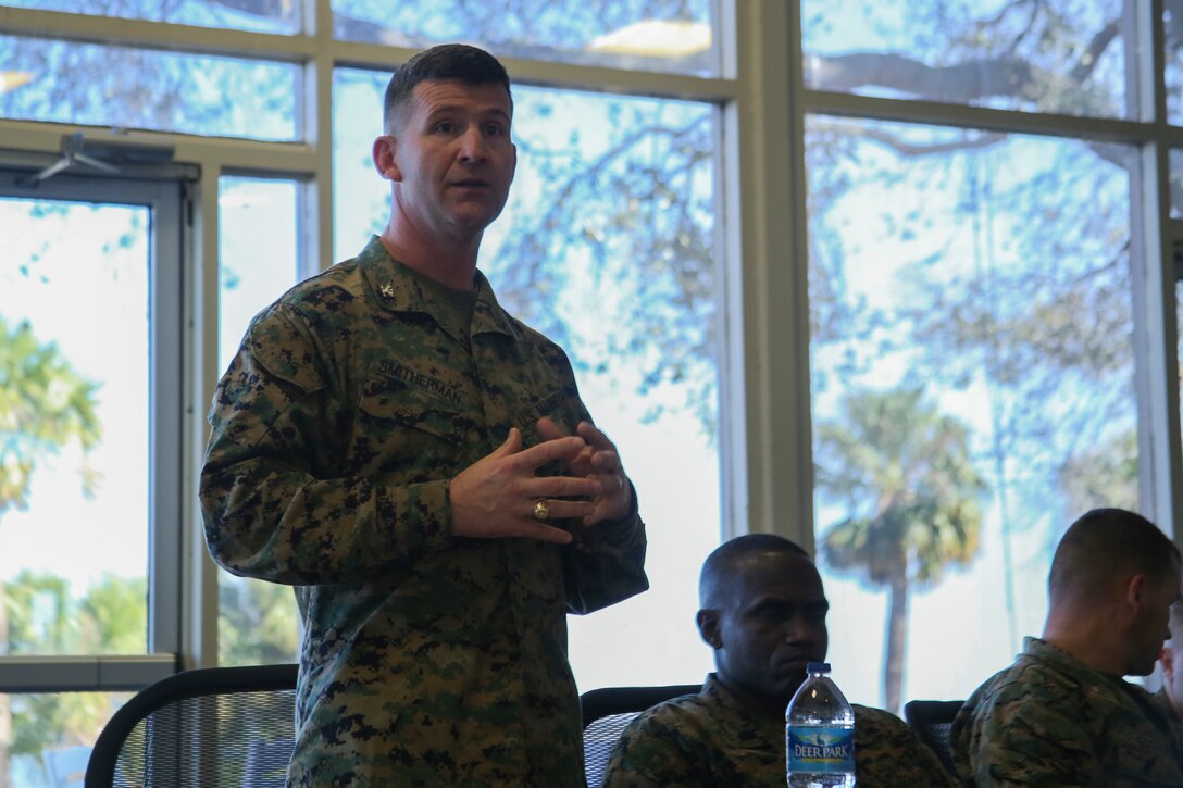 Colonel Jeffrey C. Smitherman, commanding officer of 6th Marine Corps District (6th MCD), speaks to Marines during the 8412 Slating Conference aboard Marine Corps Recruit Depot Parris Island, South Carolina, Feb. 1, 2017. The Slating Conference brings the recruiting command together to discuss the movement of their Marines across recruiting stations. A Marine holding the military occupational specialty of 8412 is a career recruiter selected to lead and guide recruiters who search for highly qualified candidates with a desire to join the Marine Corps. (U.S. Marine Corps photo by Lance Cpl. Jack A. E. Rigsby/ Released)
