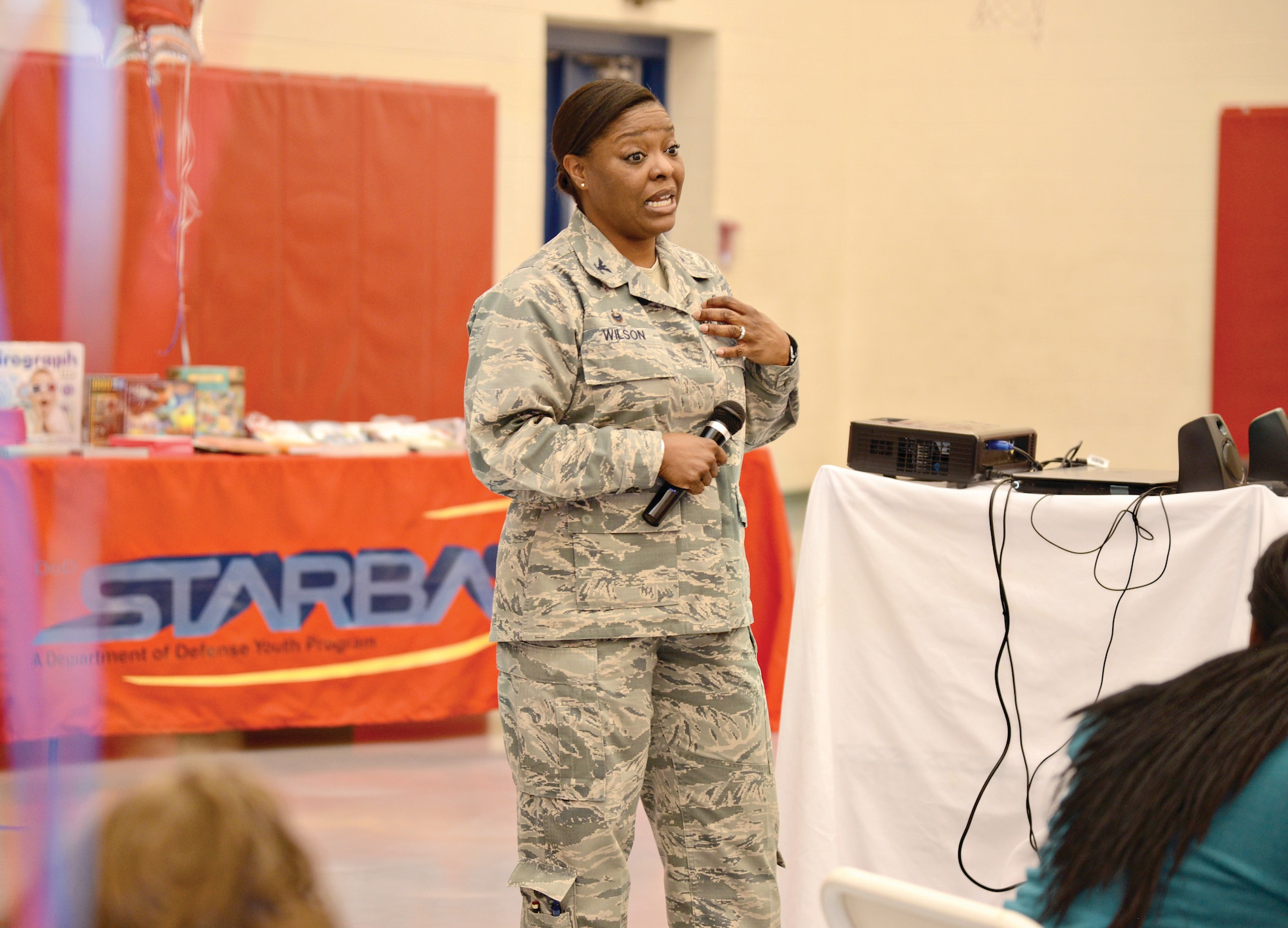 Colonel Stephanie Wilson, Commander, 72nd Air Base Wing, welcomes forty 6th, 7th and 8th grade students attending the first STEM Girls Camp, “STEM Like a Girl” held at Tinker. (Air Force photo by Kelly White)