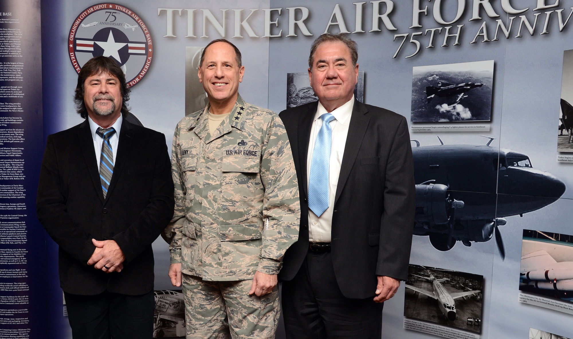 Phil Tinker, grandson of Maj. Gen. Clarence Tinker, Lt. Gen. Lee K. Levy II, commander of the Air Force Sustainment Center, and Chief Geoffrey Standing Bear, Principal Chief of the Osage Nation enjoy the festivities of Tinker’s 75th Anniversary kickoff luncheon Jan. 30 at the Tinker Club. This was the first of several events planned for the diamond year which will also include a marathon in February, the Star Spangled Salute in May, and the Air Force Ball in September. (Air Force photo by Kelly White)