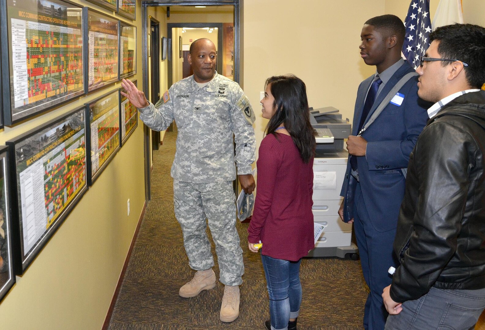 Col. Tonie Jackson mentors Sam Houston High School students as part of the San Antonio Job Shadow Day Feb. 2 at Joint Base San Antonio-Fort Sam Houston. Jackson is the Mission and Installation Contracting Command chief of staff. 