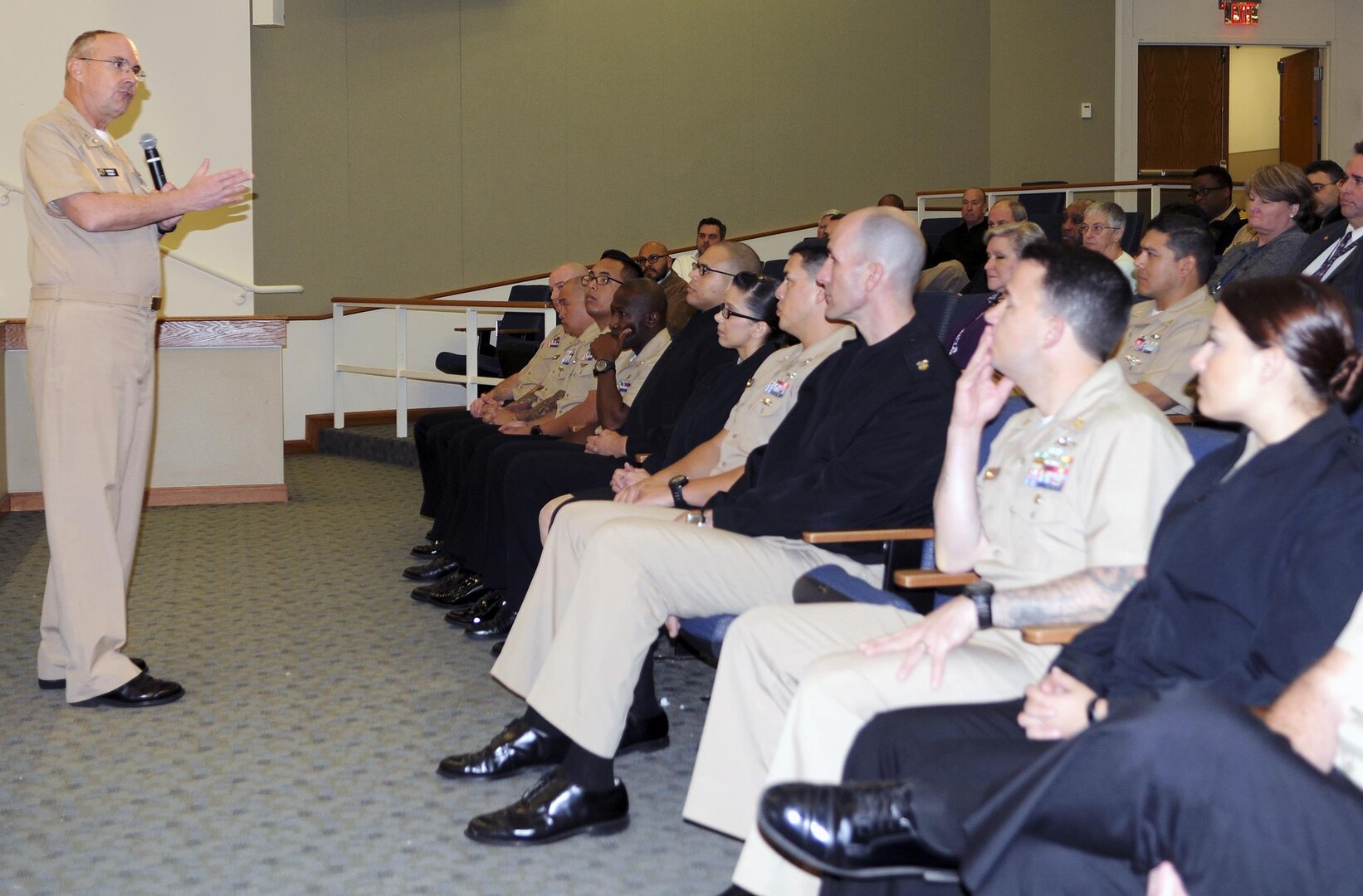 Vice Adm. C. Forrest Faison III, holds an all hands call with staff from Navy Medicine Education, Training and Logistics Command (NMETLC) at the Medical Education and Training Campus at Joint Base San Antonio Fort Sam Houston Feb. 1. Faison visited with NMETLC and other Navy Medicine units during his recent visit to San Antonio. 