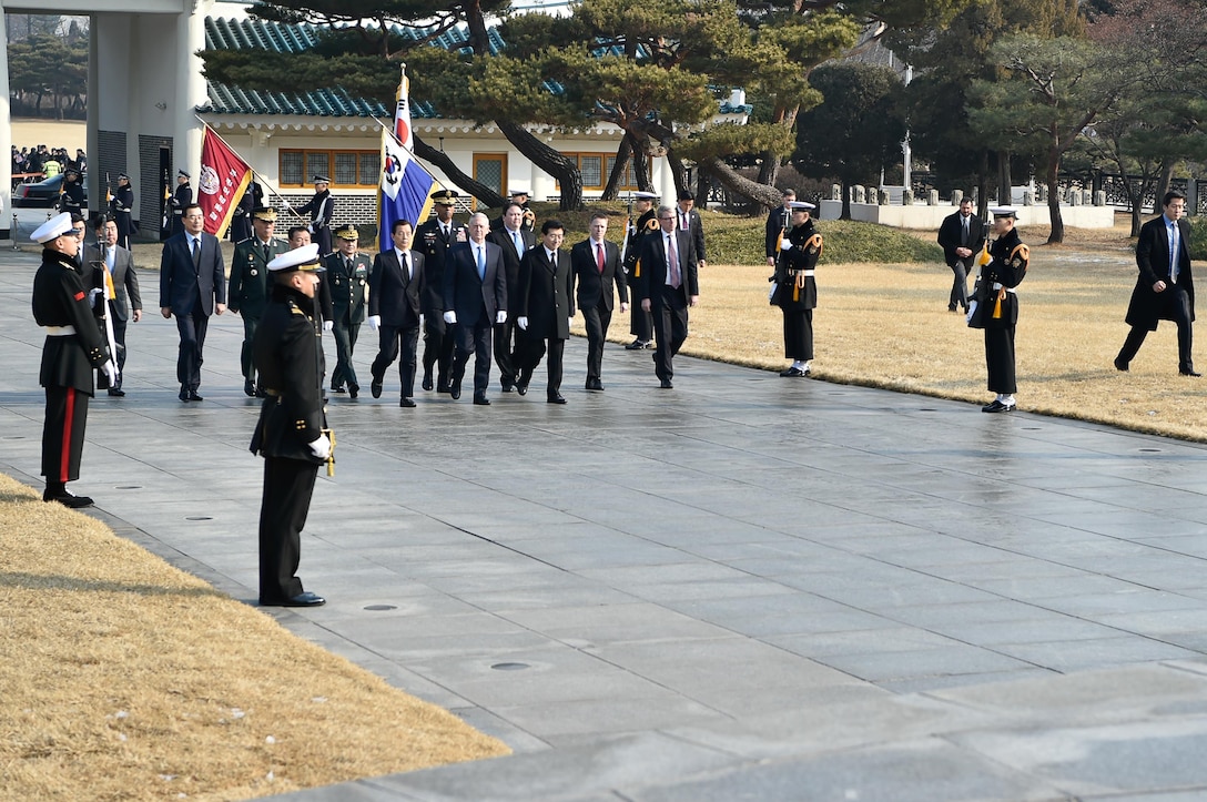 Defense Secretary Jim Mattis and South Korean Defense Minister Han Min-koo take part in a wreath-laying ceremony at Seoul National Cemetery, Feb. 2, 2017. The cemetery was South Korea’s first national cemetery for veterans. DoD photo by Army Sgt. Amber I. Smith