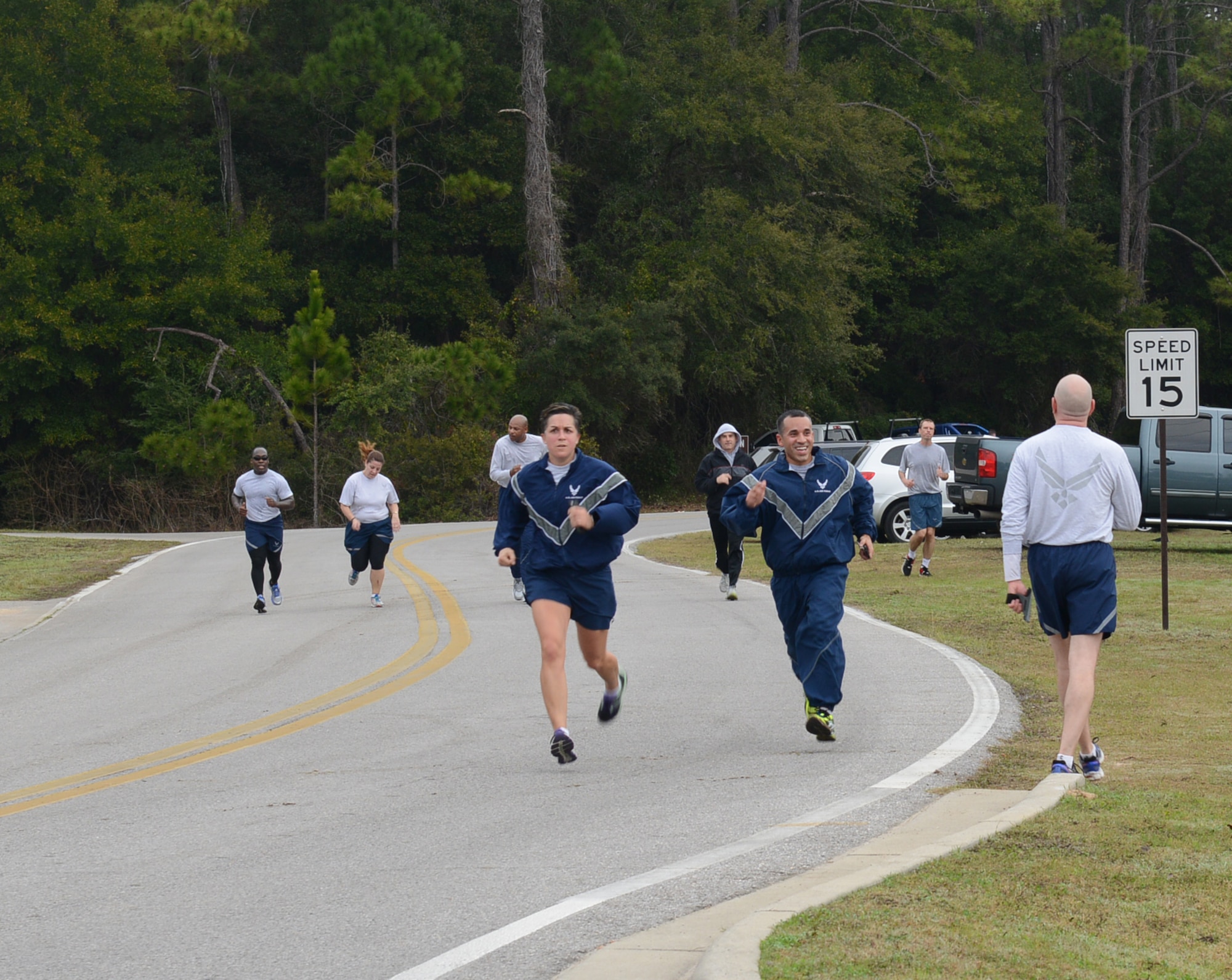 Air Commando sprint to the finish during the Command Run at Hurlburt Field, Fla., Feb. 3, 2017. The Air Force Special Operations Command staff meets monthly to run a 5K. (U.S. Air Force photo/Staff Sgt. Melanie Holochwost)