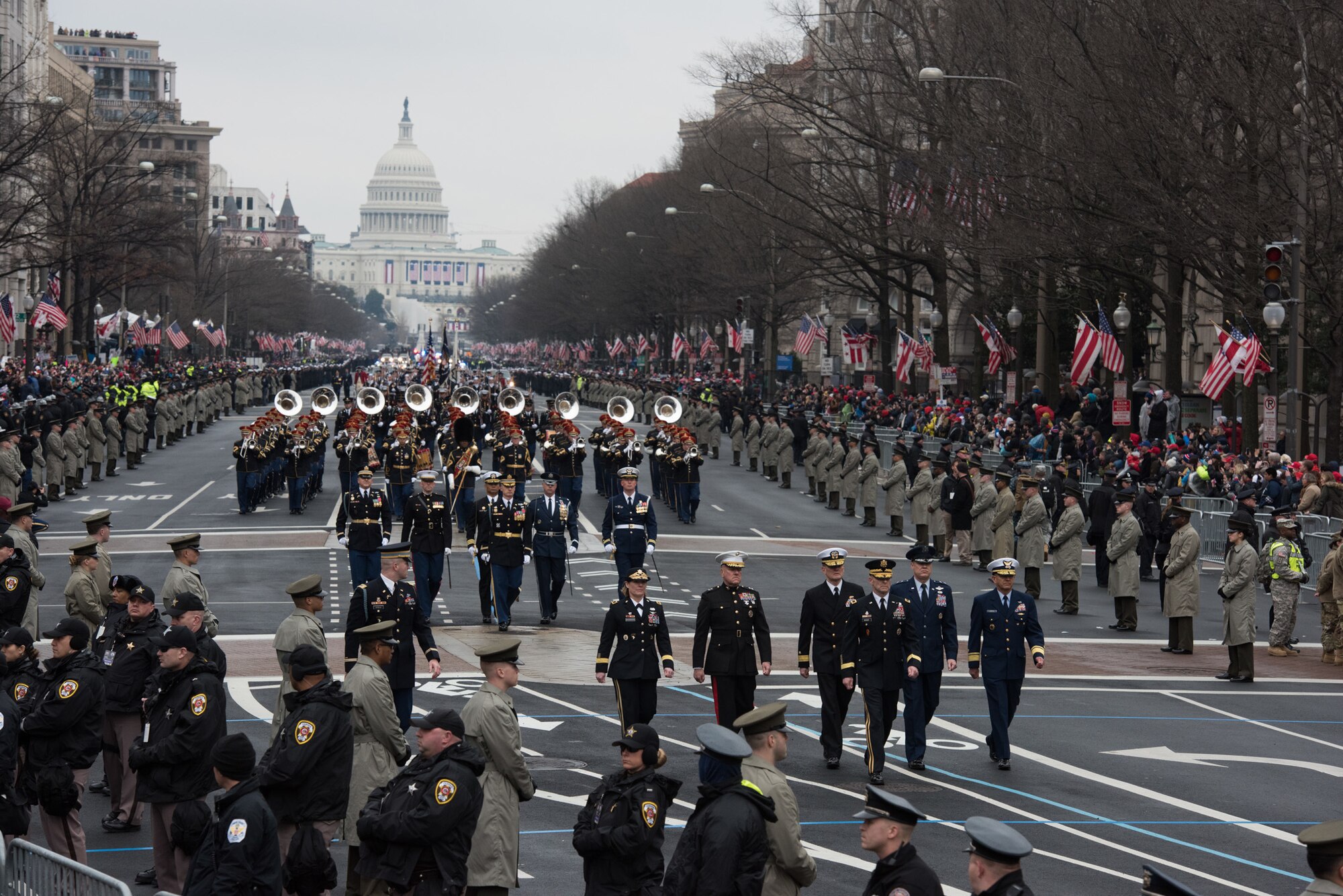 U.S. Servicemembers march down Pennsylvania Avenue during the Presidential Inaugural Parade in Washington D.C., January 20, 2017. The Parade was held to celebrate the inauguration of President Donald Trump and featured eight members from the Band of the Golden West from Travis Air Force Base, Calif. (U.S. Army photo by Sgt. George Huley)