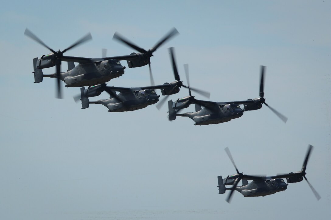 CV-22's Osprey tilt-rotor aircraft assigned to the 8th Special Operations Squadron, with Hurlburt Field, and 20th SOS, with Cannon Air Force Base, N.M., fly in formation over Hurlburt Field, Fla., Feb. 3, 2017. This training mission was the first time in Air Force history that ten CV-22's flew in formation simultaneously. (U.S. Air Force photo by Airman Dennis Spain)