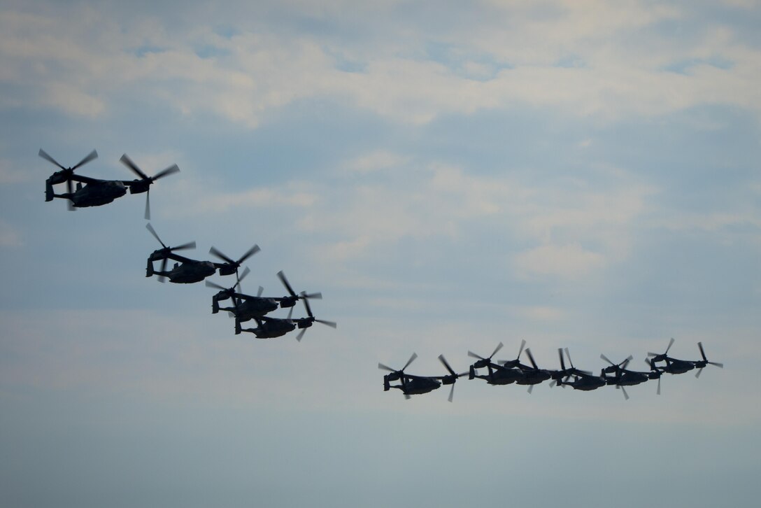 CV-22 Osprey tiltrotor aircraft assigned to the 8th Special Operations Squadron, with Hurlburt Field, and 20th SOS, with Cannon Air Force Base, N.M., fly in formation over Hurlburt Field, Fla., Feb. 3, 2017. This training mission was the first time in Air Force history that 10 CV-22s flew in formation simultaneously. (U.S. Air Force photo by Airman 1st Class Joseph Pick