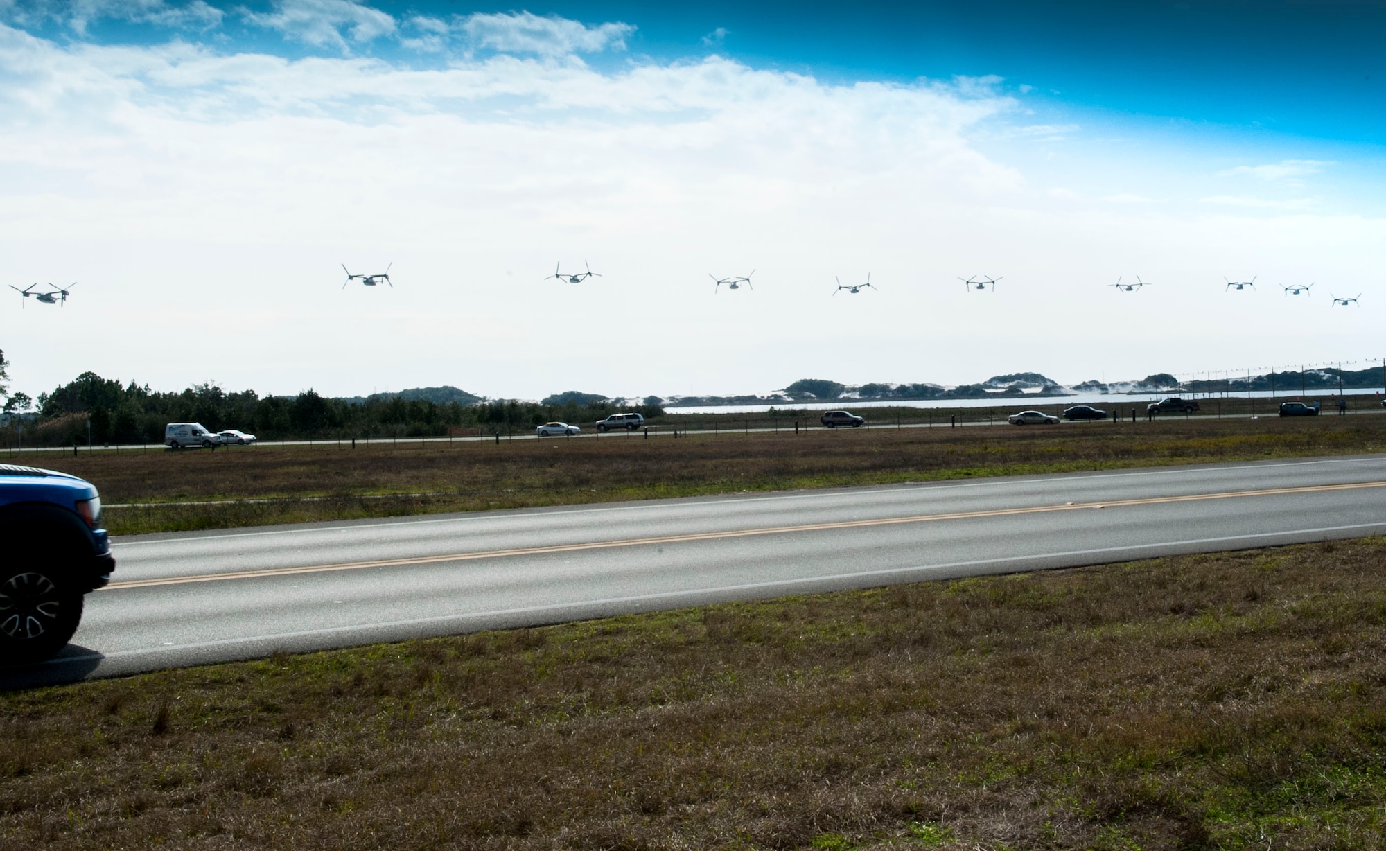 CV-22 Osprey tilt-rotor aircraft assigned to the 8th Special Operations Squadron, with Hurlburt Field, and 20th SOS, with Cannon Air Force Base, N.M., fly in formation over Hurlburt Field, Fla., Jan. 3, 2017. This training mission was the first time in Air Force history that 10 CV-22s flew in formation simultaneously. (U.S. Air Force photo by Senior Airman Krystal M. Garrett)