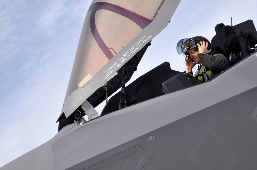 F-35A pilot, Lt. Col. Brad Klemesrud, prepares for takeoff during a Red Flag mission at Nellis Air Force Base, Nev., Feb. 2. Klemesrud and eight other Reserve pilots from the 419th Fighter Wing are participating in the Air Force’s premier air-to-air exercise to hone their skills and test the F-35A Lightning II’s capabilities in a variety of simulated combat scenarios. This marks the first year the F-35A has participated in the exercise. (U.S. Air Force photo/Bryan Magaña)