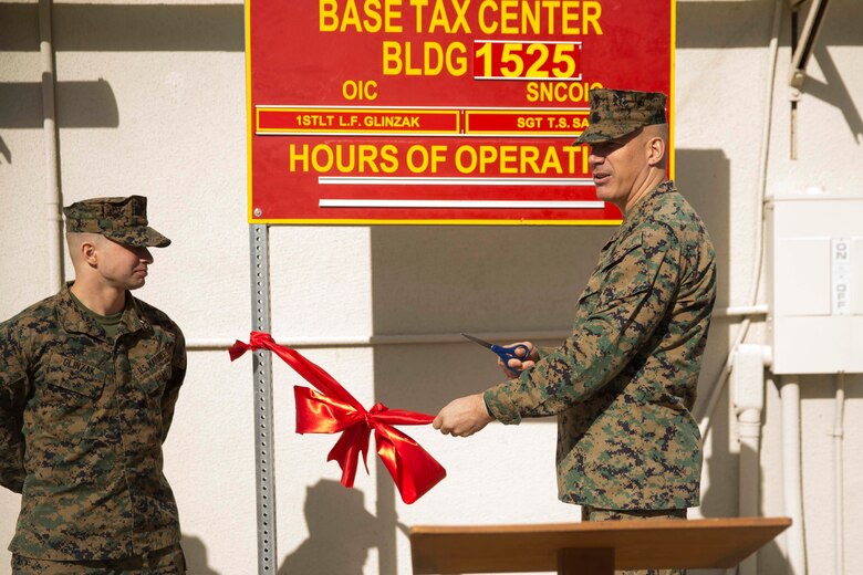 Brig. Gen. William F. Mullen III, Combat Center Commanding General, unveiled the new location for the Combat Center Tax Center aboard Marine Corps Air Ground Combat Center, Twentynine Palms, Calif., Jan. 23, 2017. The Tax Center, located in building 1525 on Fourth Street, provides free tax return preparation assistance to service members, dependents and retirees. (U.S Marine Corps photo by Cpl. Medina Ayala-Lo)
