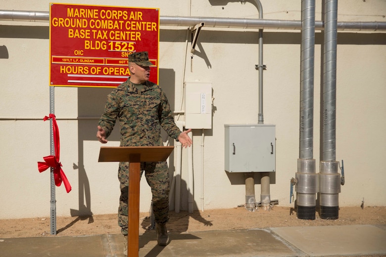 Brig. Gen. William F. Mullen III, Combat Center Commanding General, addresses Combat Center Marines after unveiling the new location for the Combat Center Tax Center aboard Marine Corps Air Ground Combat Center, Twentynine Palms, Calif., Jan. 23, 2017. The Tax Center, located in building 1525 on Fourth Street, provides free tax return preparation assistance to service members, dependents and retirees. (U.S Marine Corps photo by Cpl. Medina Ayala-Lo)