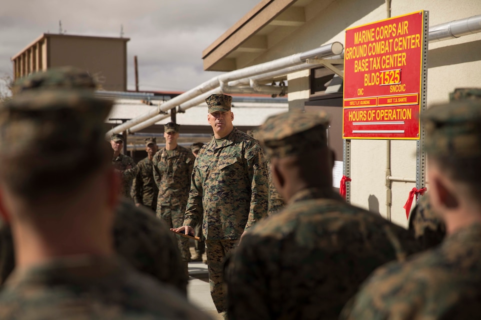 Brig. Gen. William F. Mullen III, Combat Center Commanding General, addresses Combat Center Marines after unveiling the new location for the Combat Center Tax Center aboard Marine Corps Air Ground Combat Center, Twentynine Palms, Calif., Jan. 23, 2017. The Tax Center, located in building 1525 on Fourth Street, provides free tax return preparation assistance to service members, dependents and retirees. (U.S Marine Corps photo by Cpl. Medina Ayala-Lo)