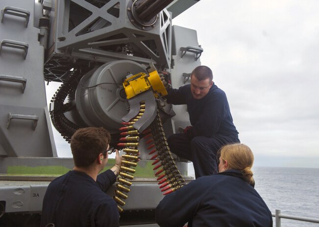Sailors assigned to amphibious assault ship USS America (LHA 6) load ammo into the close-in weapons system (CIWS) for operational testing, Feb. 2, 2017. The CIWS is the last line of defense in protecting the ship against low flying aircraft, small boats and missile attacks. America is currently underway conducting routine operations in preparation for deployment later this year. 