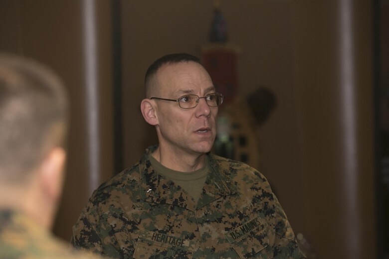 Brig. Gen. Ryan Heritage, deputy director of operations, U.S. Cyber Command, speaks with Marine Corps Communication-Electronics School leadership at Frontline Restaurant aboard Marine Corps Air Ground Combat Center, Twentynine Palms, Calif., Jan. 30, 2017. (Marine Corps photo by Cpl. Thomas Mudd)