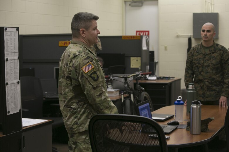 Army Lt. Col. Scott Applegate, deputy branch chief, Cyber Policy Branch, Strategic Plans and Policies, speaks with Marine Corps Communication-Electronics School instructors about the Marine Air Ground Task Force Communication Planners Course aboard Marine Corps Air Ground Combat Center, Twentynine Palms, Calif., Jan. 30, 2017. (Marine Corps photo by Cpl. Thomas Mudd)