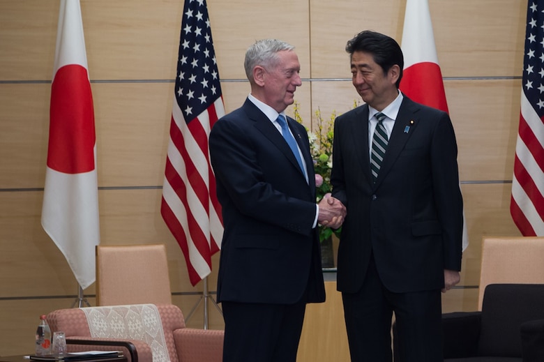 Defense Secretary Jim Mattis shakes hands with the Japanese Prime Minister Shinzo Abe at the Prime Minister’s office in Tokyo, Feb. 3, 2017  