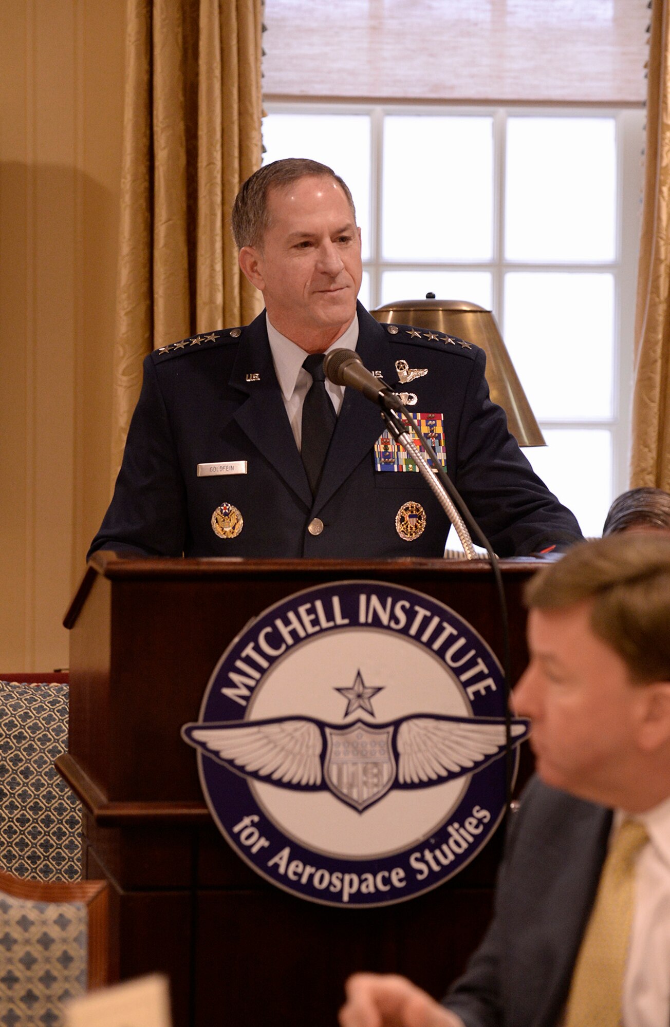 Air Force Chief of Staff Gen. David Goldfein discusses Air Force's Space capabilities and responsibilities at the Mitchell Institute's Space Power Breakfast at the Capitol Hill Club in Washington, D.C., Feb 3, 2017. (U.S. Air Force photo/Andy Morataya)