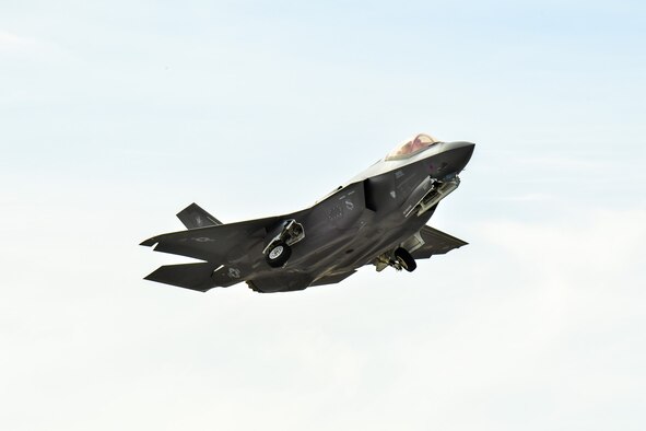 An F-35A Lightning II fighter aircraft from Hill Air Force Base, Utah, takes off from Nellis AFB, Nev., Feb. 2, during Red Flag 17-01. This is the first F-35A deployment to Red Flag since the Air Force declared the jet combat ready in August 2016. (U.S. Air Force photo/R. Nial Bradshaw)