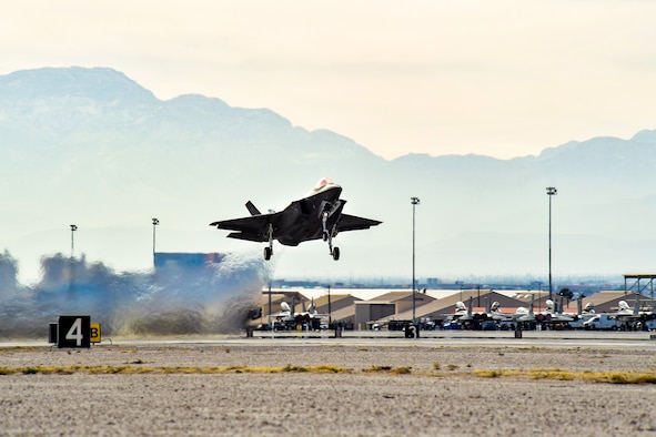 An F-35A Lightning II fighter aircraft from Hill Air Force Base, Utah, takes off from Nellis AFB, Nev., Feb. 2, during Red Flag 17-01. This is the first F-35A deployment to Red Flag since the Air Force declared the jet combat ready in August 2016. (U.S. Air Force photo/R. Nial Bradshaw)