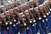Marines of the U.S. Marine Corps Honor Guard march down Pennsylvania Avenue during the 58th Presidential Inauguration in Washington, D.C., Jan. 20, 2017. Military personnel assigned to Joint Task Force - National Capital Region provided military ceremonial support and Defense Support of Civil Authorities during the inaugural period. (DoD photos by U.S. Army Sgt. Paige Behringer)