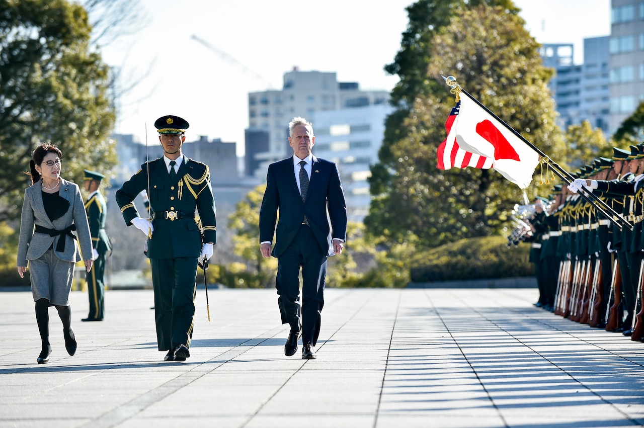 Defense Secretary Jim Mattis reviews a formation of Japanese troops with Japanese Defense Minister Tomomi Inada during a welcome ceremony at the Ministry of National Defense in Tokyo, Feb. 4, 2017. DoD photo by Army Sgt. Amber I. Smith