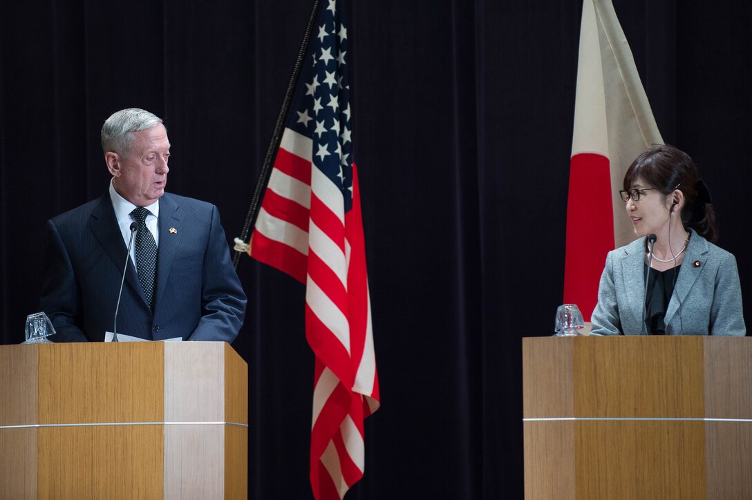 Defense Secretary Jim Mattis speaks during a joint press conference with Japanese Defense Minister Tomomi Inada following their meeting at the Defense Ministry in Tokyo, Feb. 4, 2017. DoD photo by Army Sgt. Amber I. Smith