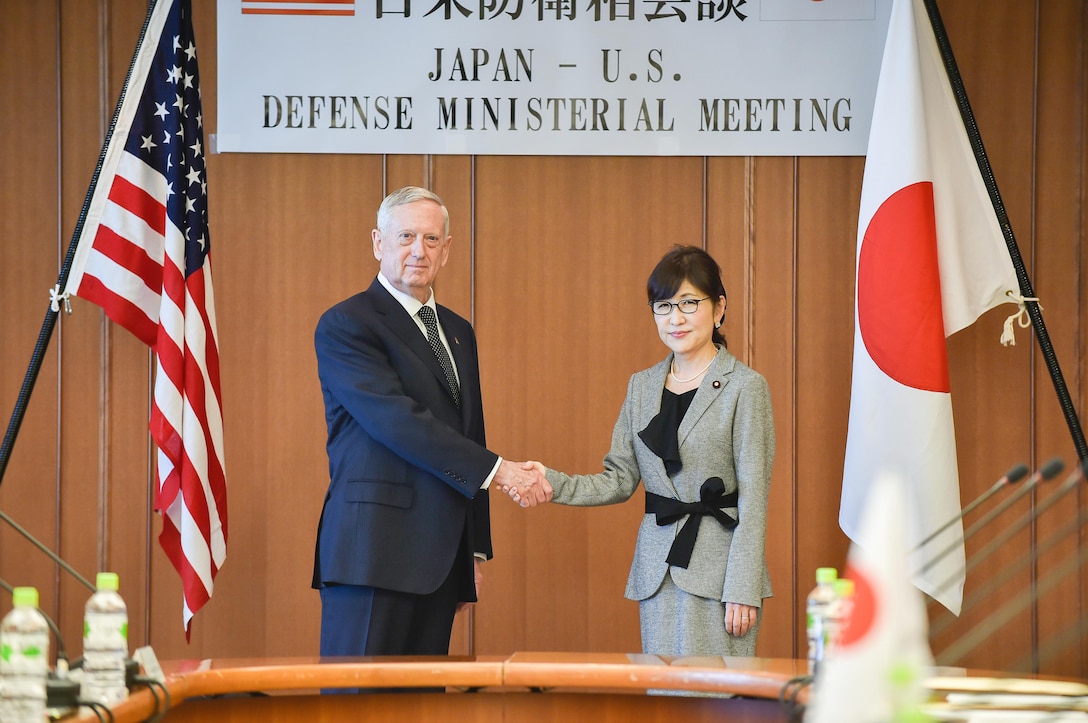 Defense Secretary Jim Mattis shakes hands with Japanese Defense Minister Tomomi Inada before a meeting at the Defense Ministry in Tokyo, Feb. 4, 2017. DoD photo by Army Sgt. Amber I. Smith