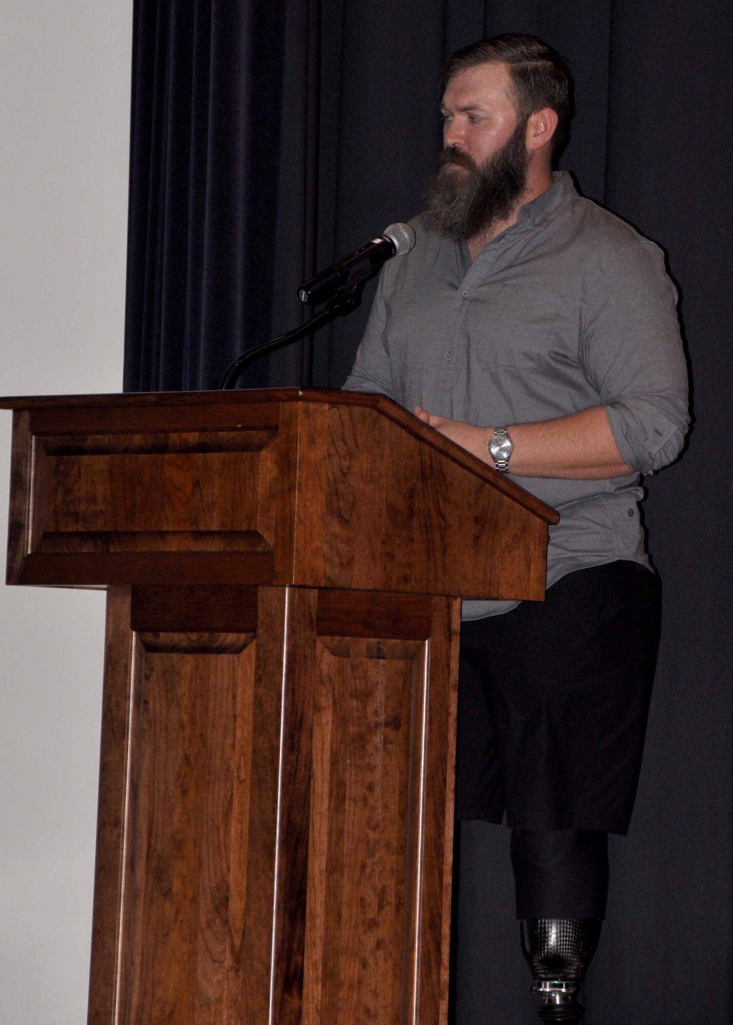 Matt Amos, owner of Admiral's Pennant, a former Marine and a combat veteran, speaks at the 2017 Annual Awards Banquet at the Robert J. Dole Community Center, Feb. 4, 2017, McConnell Air Force Base, Kan.  Amos was chosen as he reflected the theme of the nevent, which focused on  post-9/11 conflicts.  During the ceremony, the 931 ARW honored it's annual award winners.  This was the first banquet for the 931st since becoming a Wing last Spring.  (U.S. Air Force photo by Tech. Sgt. Abigail Klein)