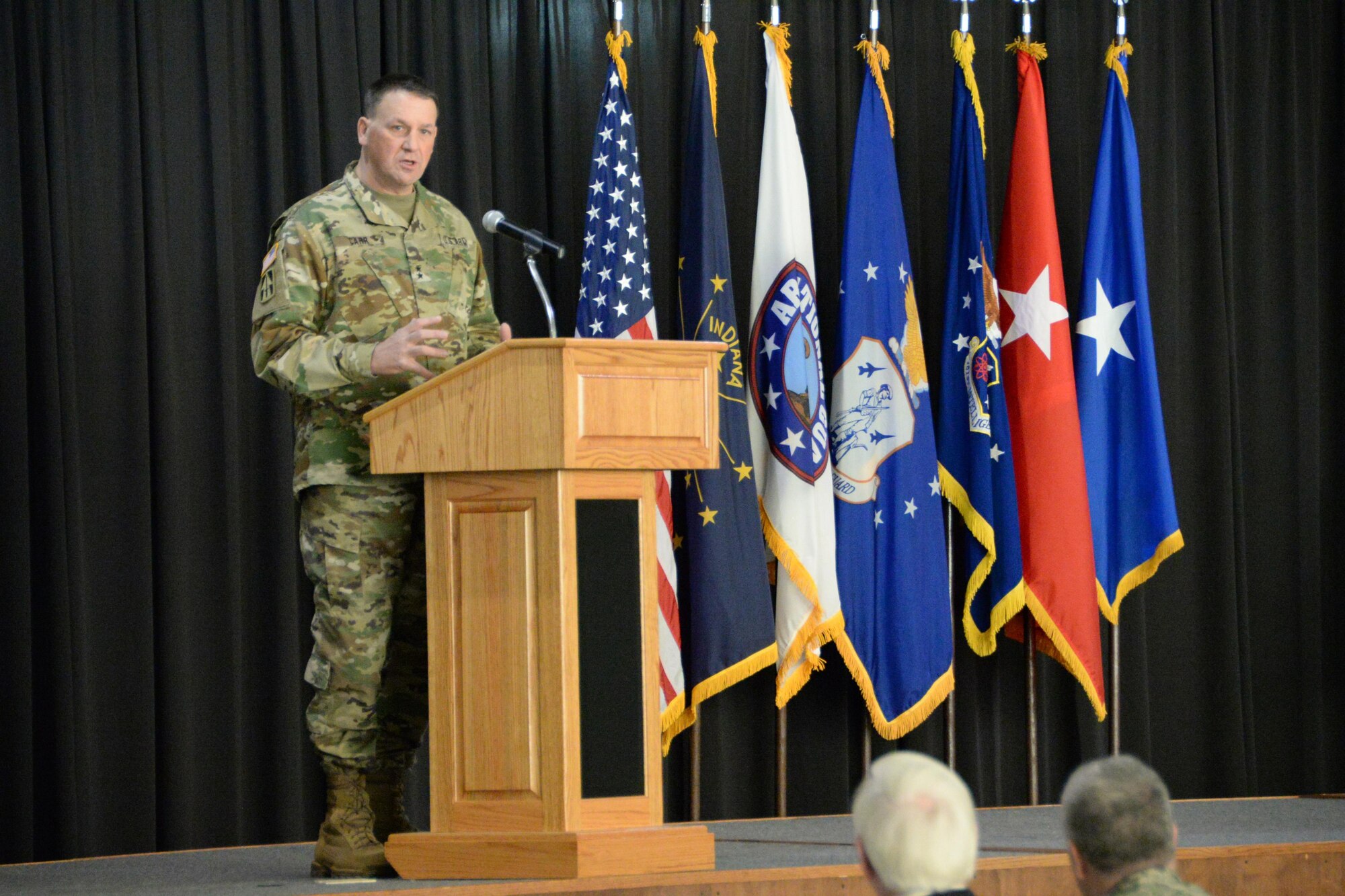 U.S. Army Maj. Gen. Courtney P. Carr, the Adjutant General of Indiana, speaks to the Airmen of the 181st Intelligence Wing during an assumption of command ceremony for Col. Chris Alderdice, commander 181st Intelligence Wing, Feb. 4, 2017, at Hulman Field Air National Guard Base, Terre Haute, Ind. (U.S. Air National Guard photo by Senior Airman Kevin D. Schulze)