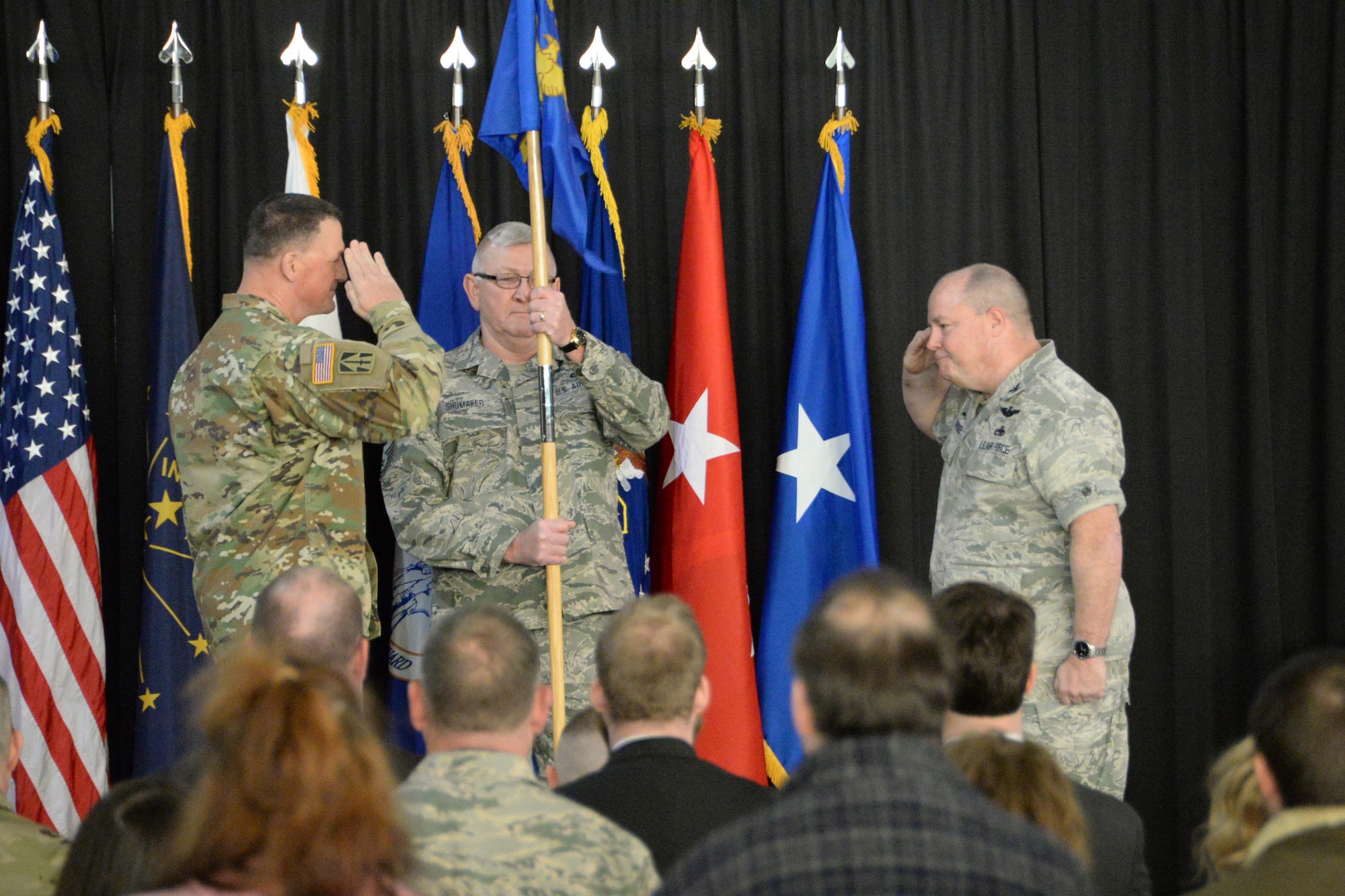 U.S. Air Force Col. Chris Alderdice, right, newly appointed commander of the 181st Intelligence Wing, salutes the Adjutant General of Indiana Maj. Gen. Courtney P. Carr, left, during an assumption of command ceremony, Feb. 4, 2017, at Hulman Field Air National Guard Base, Terre Haute, Ind. (U.S. Air National Guard photo by Senior Airman Kevin D. Schulze)