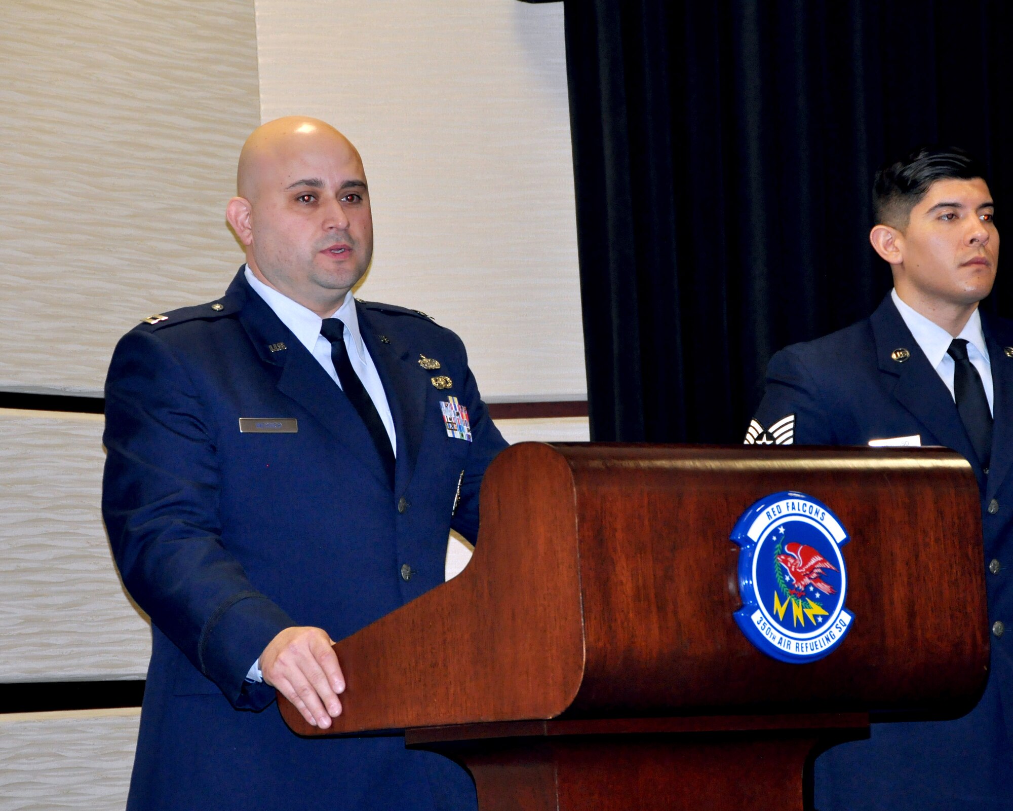 Capt. Phillip B. Werner, incoming 931 Security Forces Squadron commander, speaks to Team McConnell members attending the 931 SFS assumption of command ceremony Feb. 4, 2017, McConnell Air Force Base, Kan. Werner previously served as the unit’s operations officer. (U.S. Air Force photo by Senior Airman Preston Webb)