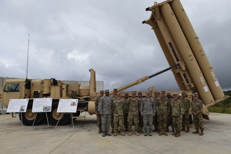 U.S. Air Force Gen. Terrence J. O’Shaughnessy, Pacific Air Forces commander, and Chief Master Sgt. Anthony Johnson, Pacific Air Forces command chief, meet with Soldiers with the 94th Army Air and Missile Defense Command’s Task Force Talon that maintain and operate the Terminal High Altitude Air Defense system Feb. 1, 2017, at Andersen Air Force Base, Guam. The primary purpose of the THAAD system is to defend against missile attacks. The system consists of a launcher, interceptors, fire control and communications equipment, and the AN/TPY-2 tracking radar. (U.S. Air Force photo by Airman 1st Class Jacob Skovo)
