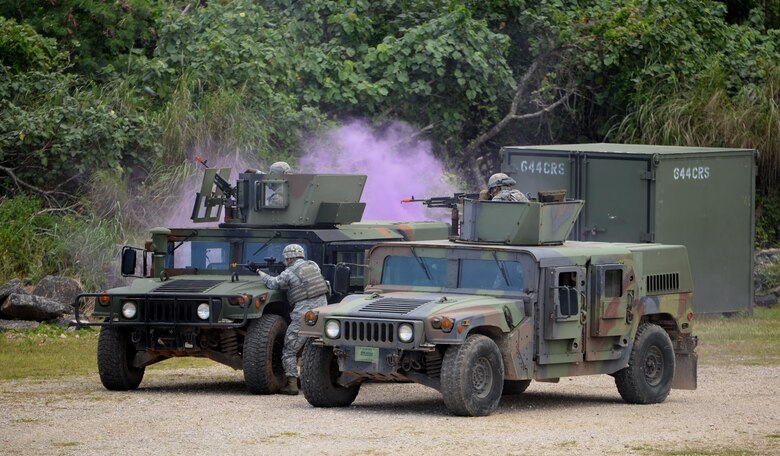 U.S. Air Force Airmen with the 736th Security Force Squadron, conduct a combat skills training exercise Feb. 1, 2017, at Andersen Air Force Base, Guam. While touring the Pacific Regional Training Center U.S. Air Force Gen. Terrence J. O’Shaughnessy, Pacific Air Forces commander, and Chief Master Sgt. Anthony Johnson, Pacific Air Forces command chief, had the opportunity to see firsthand the capabilities of the 736th SFS Airmen and techniques they use to secure an airbase in an austere environment. (U.S. Air Force photo by Airman 1st Class Jacob Skovo)

