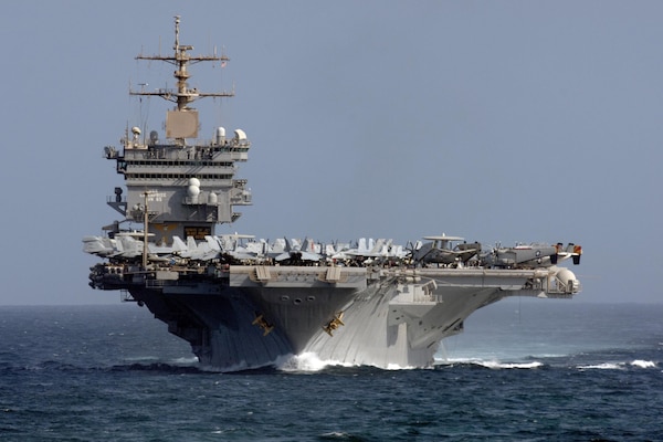 The aircraft carrier USS Enterprise transits the Strait of Bab Al Mendeb following a deployment to the 5th Fleet area of responsibility, where the ship conducted maritime security operations, theater security cooperation efforts and supported missions for Operation Enduring Freedom. Navy photo by MC3 Daniel Meshel