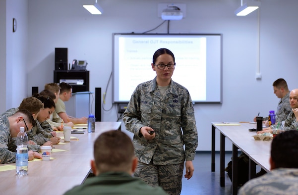 Tech. Sgt. Christine Berrios, 721st Aerial Port Squadron unit training manager, conducts an Air Force Training Course on Ramstein Air Base, Germany, Jan. 27, 2017. UTMs are responsible for managing the training program of their unit. (U.S. Air Force photo by Airman 1st Class Joshua Magbanua)