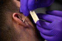 Capt. Christopher Tracy, 86th Dental Squadron dentist, uses a cotton swab to insert a small cotton ball into the ear of an Air Force Office of Special Investigations agent at an OSI office at Ramstein Air Base, Germany, Jan. 6, 2017. Small cotton balls were used as plugs to prevent the molding from sliding deep into the inner ear. (U.S. Air Force photo by Airman 1st Class D. Blake Browning)