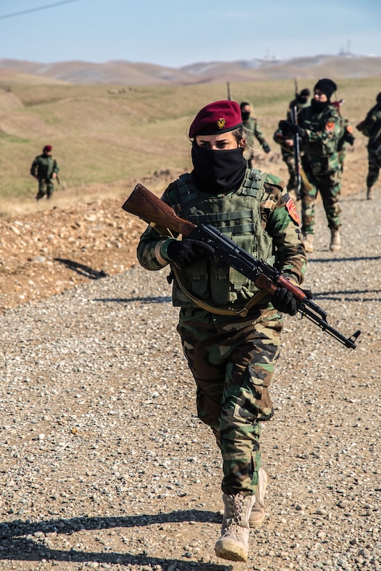 A Zeravani soldier runs from one training location to the next during assault training at Bnaslawa, Iraq on Feb. 2, 2017. This training is critical to enabling local security forces to counter ISIL as they continue to liberate their homeland. Combined Joint Task Force – Operation Inherent Resolve is the global Coalition to defeat ISIL in Iraq and Syria. (U.S. Army photo by Spc. Ian Ryan)