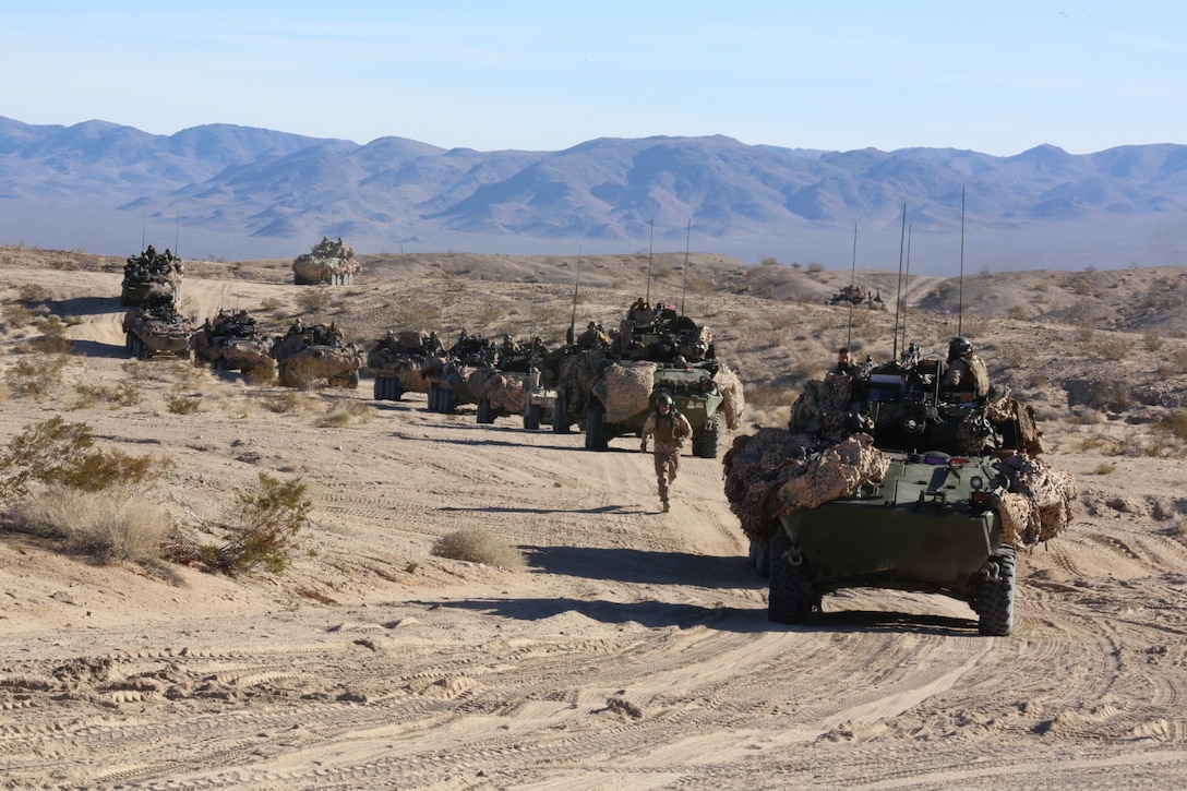 U.S. Marines with Fox Company, 4th Light Armored Reconnaissance Battalion, 4th Marine Division, return from a convoy during a Deployment For Training, Fort Irwin, Calif., Jan. 16, 2017. DFT is an exercise aimed at promoting proficiency and operational readiness. 