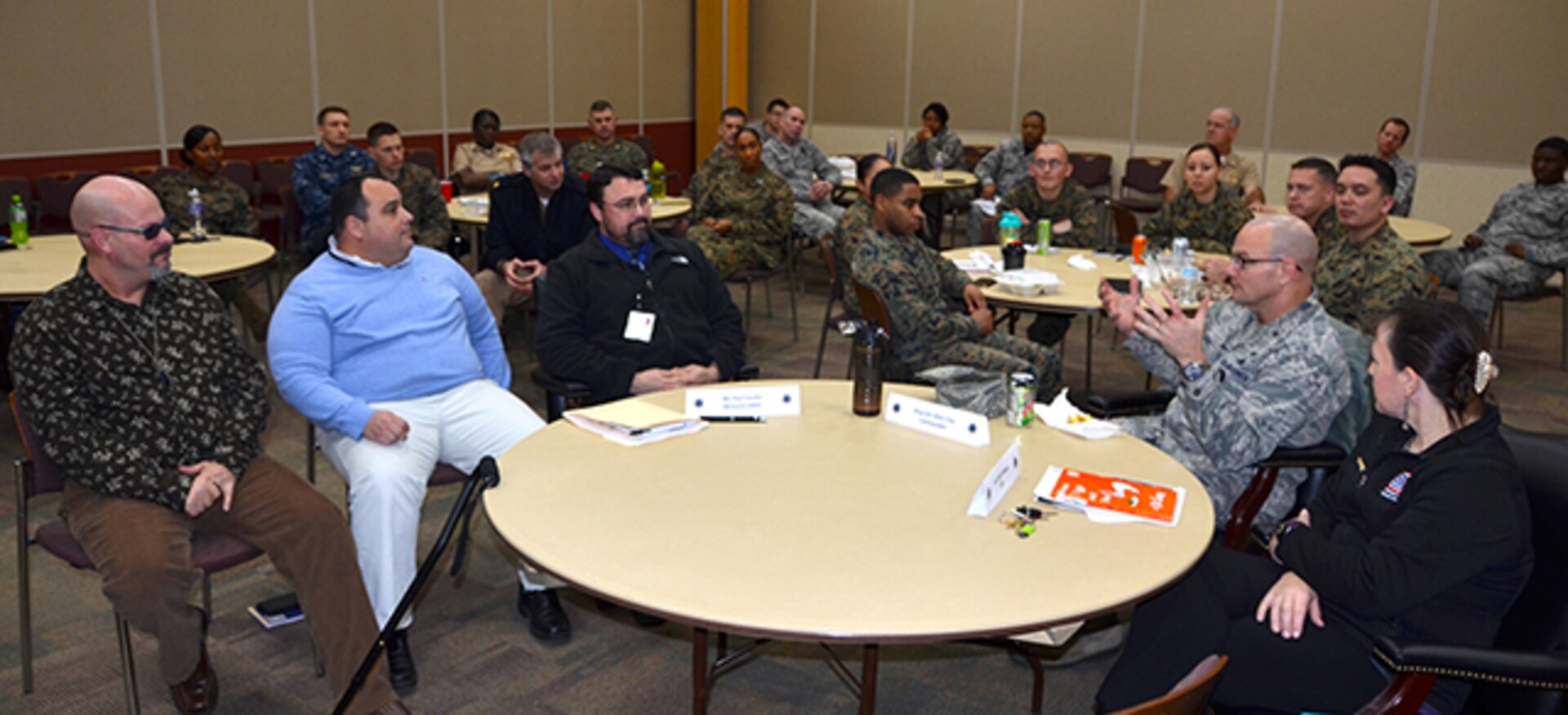 Defense Logistics Agency Aviation's military leaders attend the Military Leader Professional Development 'lunch and learn' event, Jan. 27, 2017 in the Lott's Conference Center on Defense Supply Center Richmond, Virginia. Topics discussed were the partnership program with Hunter Holmes McGuire Veterans Administration Medical Center's Polytrauma Transitional Rehabilitation Program and the Servicemember Transitional Advanced Rehabilitation program known as the STAR program.
