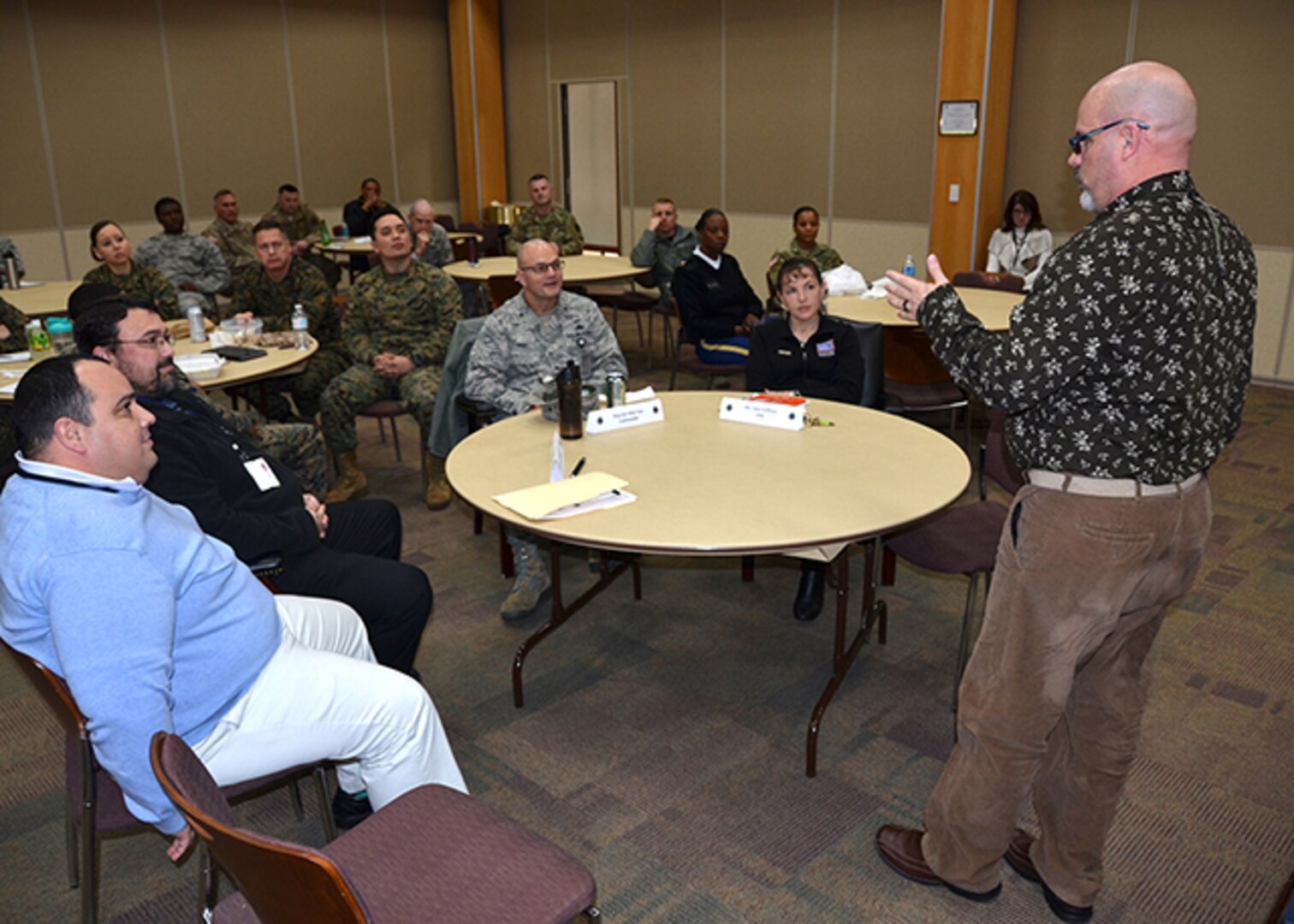 Defense Logistics Agency Aviation's military leaders attend the Military Leader Professional Development 'lunch and learn' event, Jan. 27, 2017 in the Lott's Conference Center on Defense SupplyCenter Richmond, Virginia. DLA Aviation's employee Stewart Young, a customer account specialists in the Customer Operations Directorate shares his story on how McGuire’s Servicemember Transitional Advanced Rehabilitation program and partnership with DLA Aviation has helped him with the physical, mental and emotional recovery, and getting back to work.